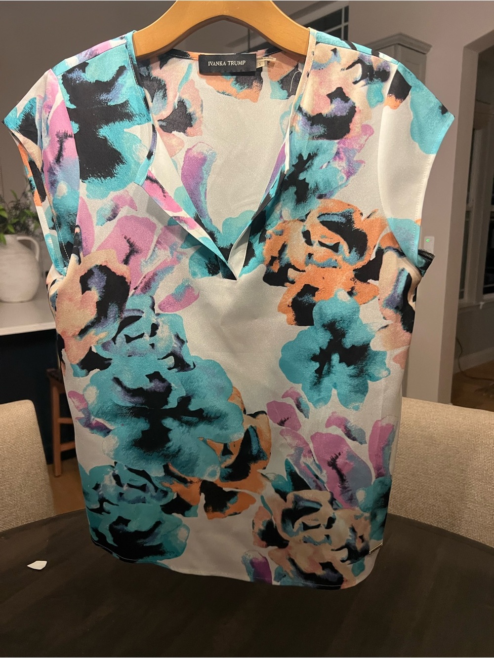 Ivanka Trump Floral Split-Neck Cap Sleeve Blouse - Teal, Coral, Lavender, Black